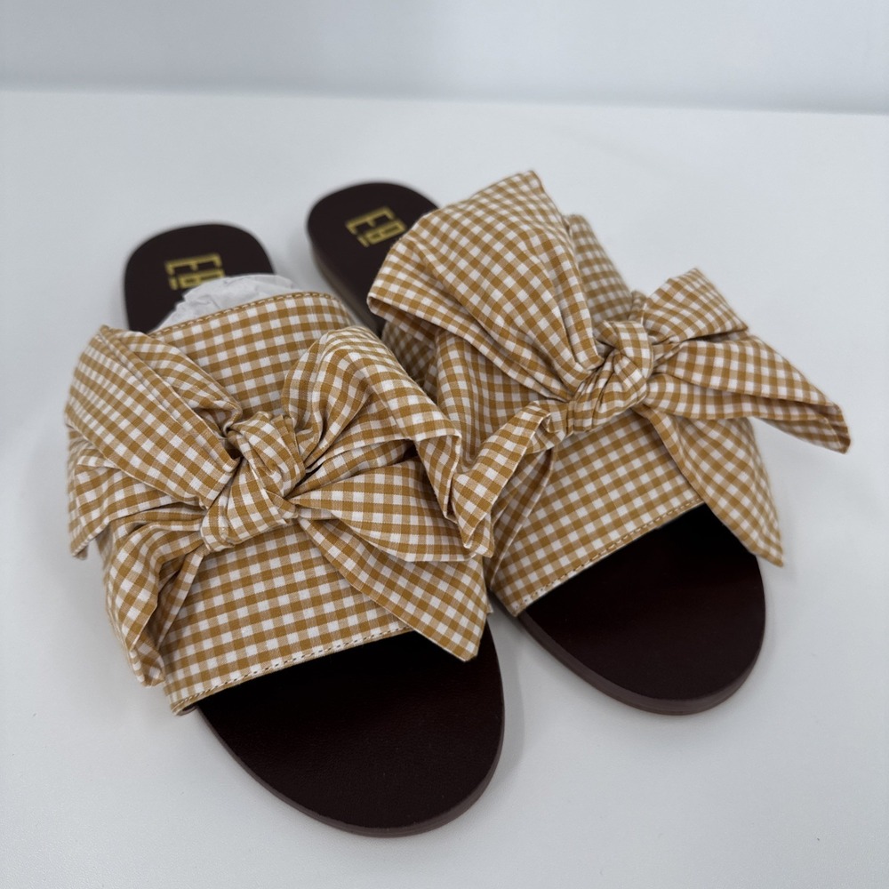 E8 by Miista Peggy Slide Sandals Size 6.5 NEW Mustard Yellow Gingham Fabric Bow